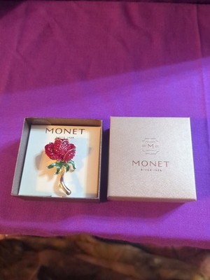 Monet Goldtone & Red Rhinestone Rose w Stem & Leaves Brooch Pin New With Box