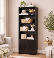 Tall Bookshelf 6 Tier Slim Storage Cabinet Open Shelves Doors Display Unit Black