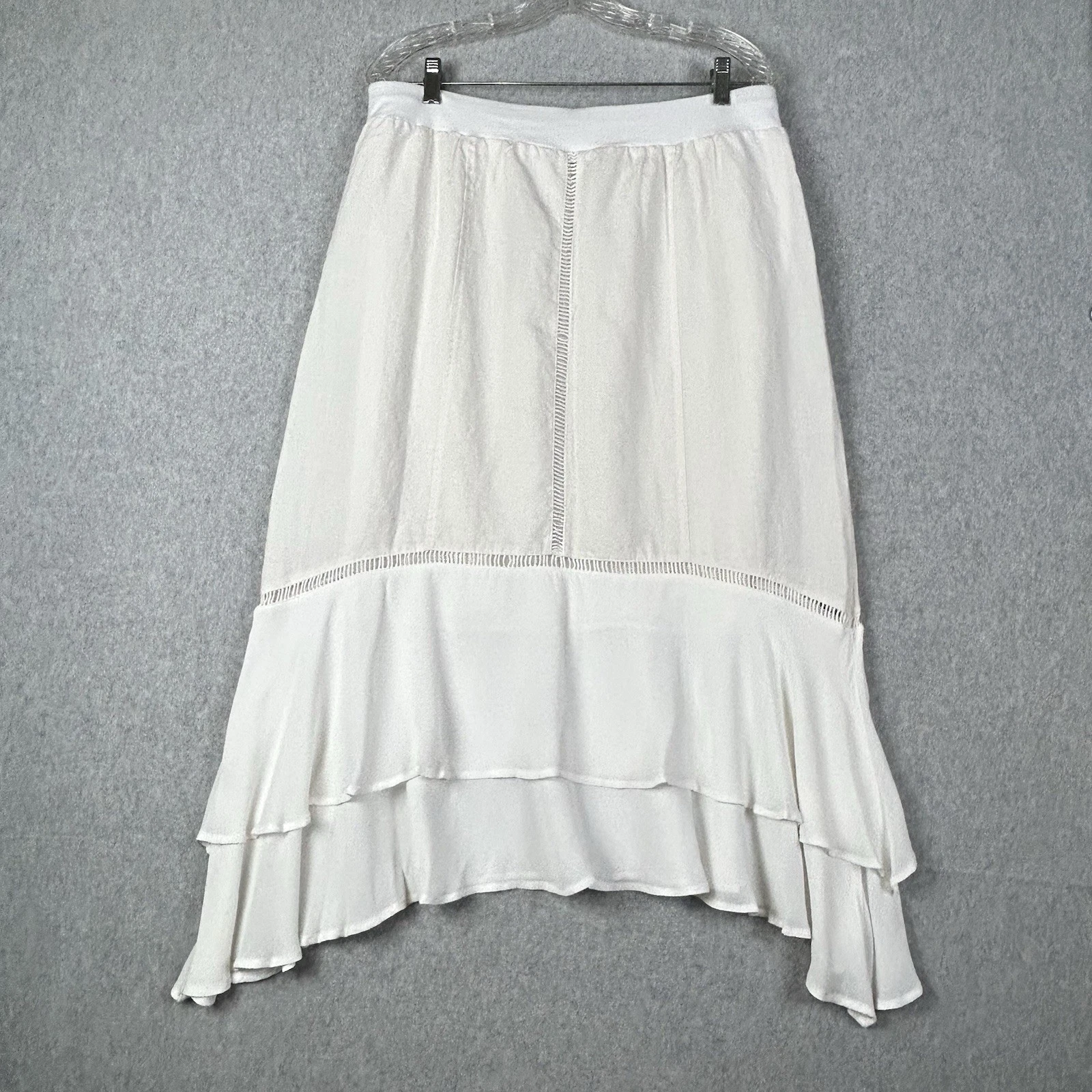 Chicos Linen Midi Ruffle Skirt Asymmetric Cottagecore Sz 2 or Large Boho Resort