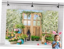 Easter Backdrops for Photography Garden Wooden Door Easter Backdrop Egg 7x5ft