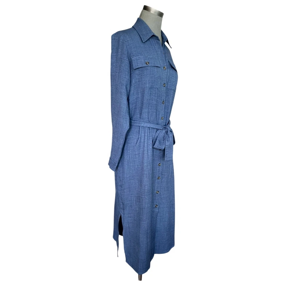 DKNY Denim Blue Long Sleeve Belted Midi Shirtdress Cotton Robe Dress Size 6 - Image 3 of 4