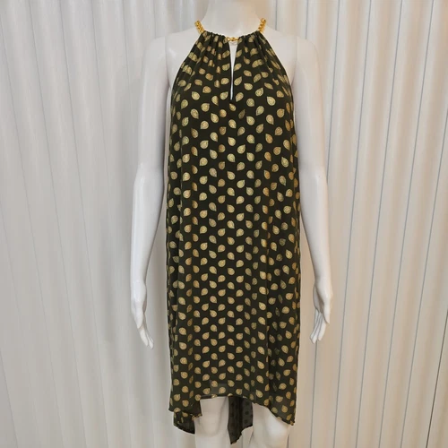 Abito Michael Kors Bergalia stampa oro cachi scollo a catena trapezio taglia XS.