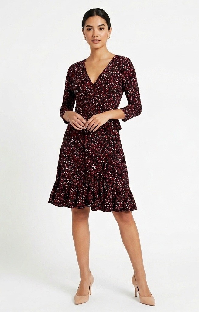 Lily Women’s Black Print 3/4 Sleeve Fit & Flare Wrap Dress Size Medium