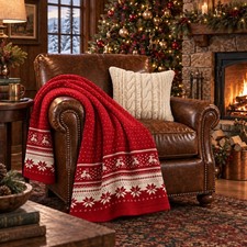 Christmas Throw Blanket Red Knit Reversible Reindeer Nordic Cozy Ski Lodge 49x68