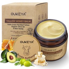 OUKEYA Organic 100% Grass-Fed Beef Tallow Balm with Raw Honey Moisturizing Cream