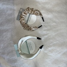 Set of 2 Satin Headbands. Cream Knot Top Pearls. Beige Pleated. Women/Girls: NWT