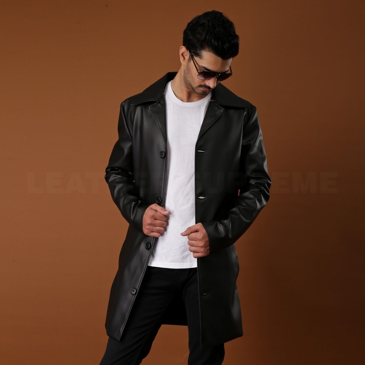 Black Leather Mid Length Coat Handmade Leather Detroit Gift Black Leather Mid Length Coat Handmade Leather Detroit Gift