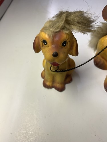 Vintage Ceramic Bobble Head Dog W/ 2 Pups On Chains-Real-Fur-Japan - Picture 5 of 24