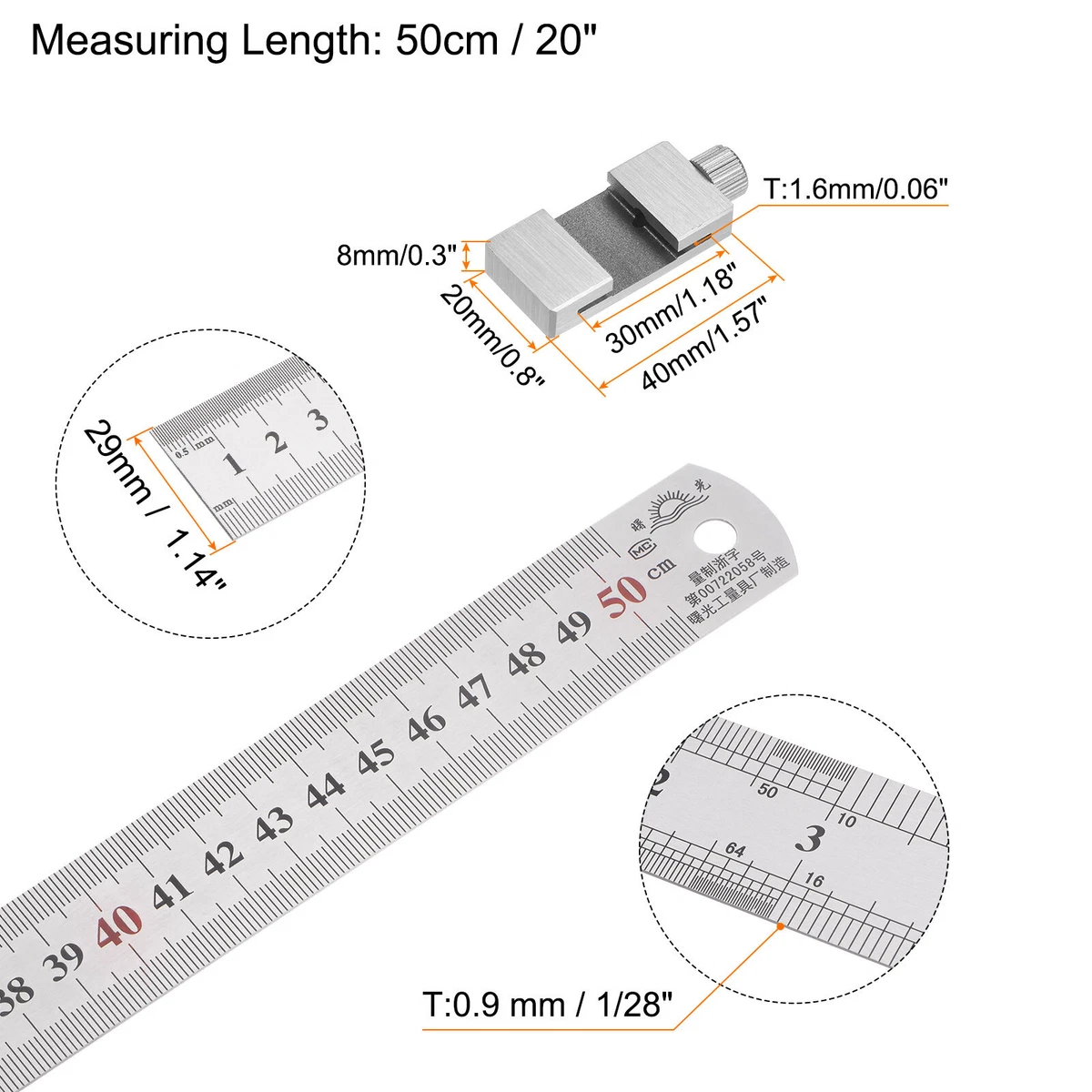 Stainless Steel Ruler with 30mm Scriber Block 20 Metric Inch