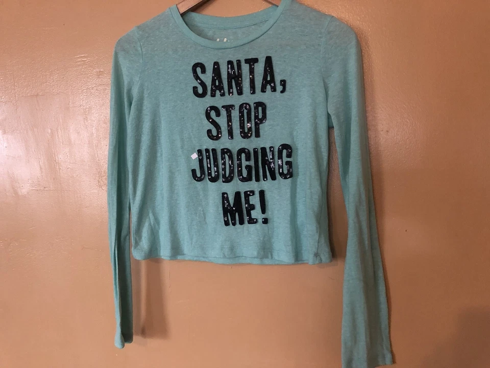 Aeropostale Junior Girl's Size MED Top Crop Crew Neck Blue Sequin Long Sleeve - Image 2 of 4