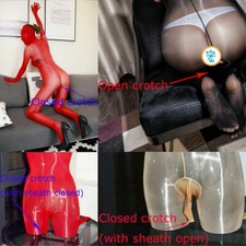 Women Men 8D Oil Shiny Glossy Silky Bodystocking Sheer Catsuit  Gloves Hood