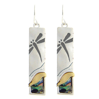 Metal Casting Dragonfly Fish Hook Earrings Silver Tone Rectangular Gift Boxed