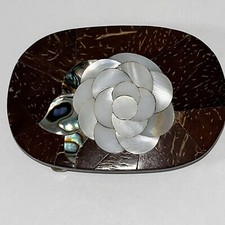 VTG Mother of Pearl, Wood, Abalone Rose Inlaid Brass Belt Buckle Mexico 3  A HTF