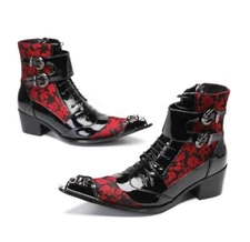 Mens Metal Pointed Toe Lace Up Ankle Boot High Top Brogue Stage Party Dress Shoe