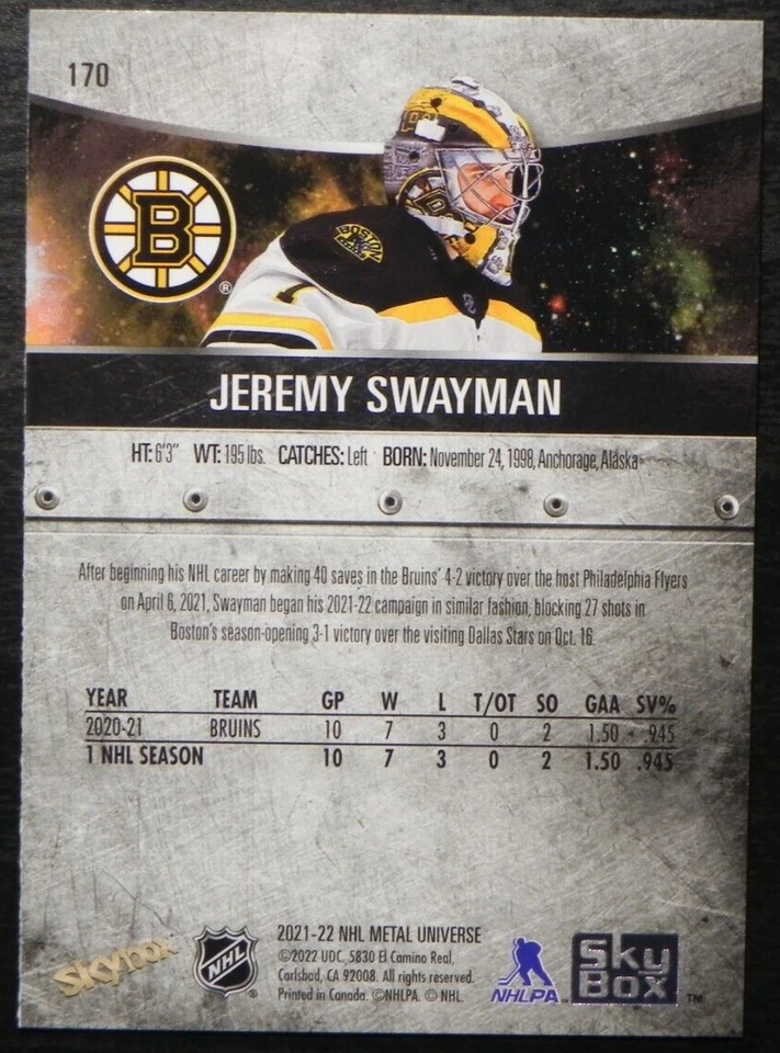 2021-22 21/22 Skybox Metal Universe SP ROOKIE #170 Jeremy Swayman Boston Bruins - Image 2 of 2
