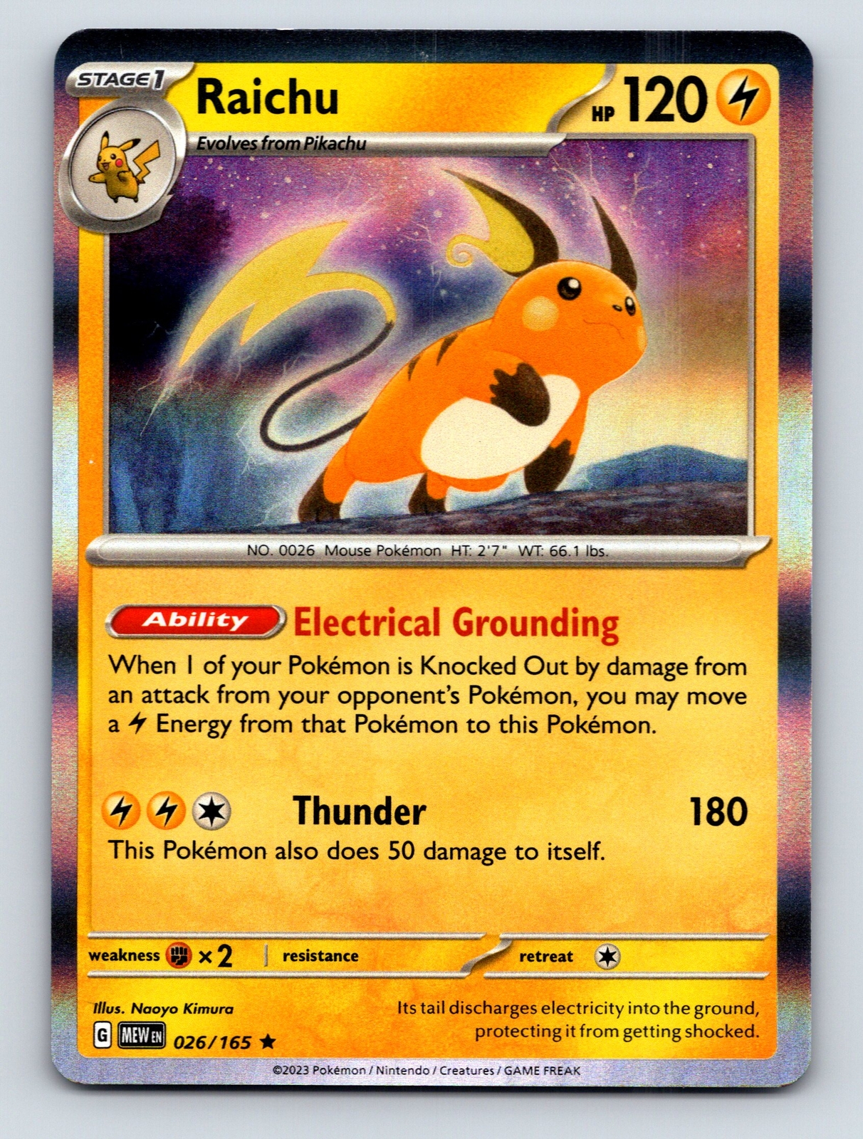 Stage 1 Raichu HP 120 Electrical Grounding Thunder Rarity Yellow Card