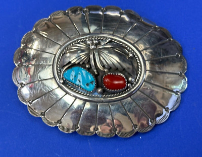 Navajo Turquoise & Coral Belt Buckle Signed Native Indian PJ Peter Johnson?