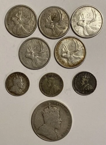 Canadian Coins - Silver - Lot (9) - 1906-1958 Dimes, Quarters, Half Dollar