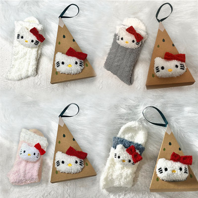 4 Paar Cute Hello Kitty Socken Knitted Pattern Floor Socks Warm Weihnachten Gift