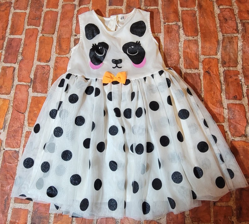 H&M Girls Panda Dress Size 4-5 Tulle Polka Dot Bow Birthday Play