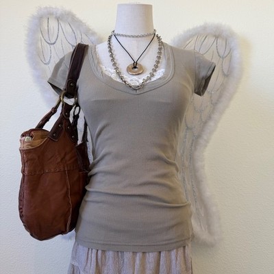 Y2K Basic Fitted Ribbed V Neck Short Sleeve Top Olive Green Layering Indie Cute