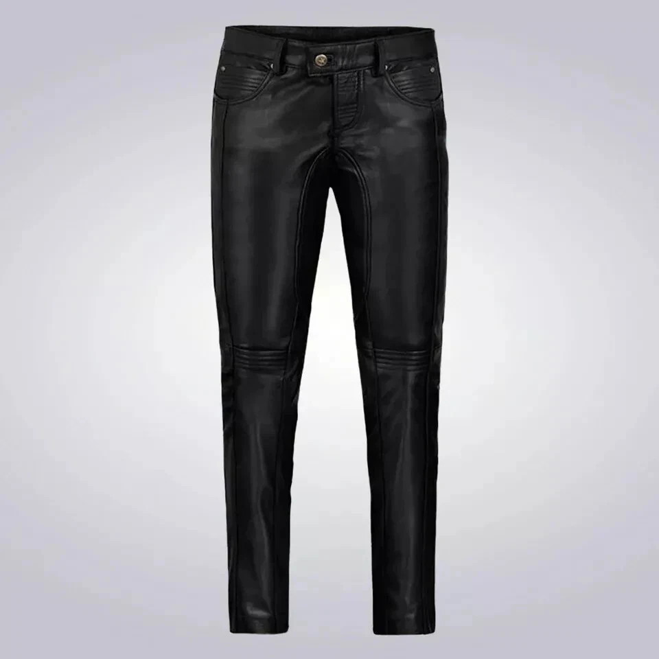 Men's Genuine Lamb Leather Bikers Pants Quilted Panels Leather Slim Fit