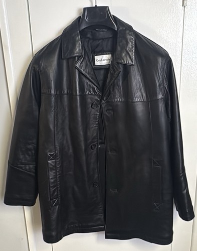 Guy Laroche, Guy Laroche Leather Coat Mens 42 Black Genuine Leather Wool Lined Vintage