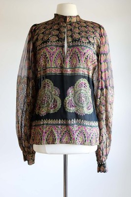 Vintage 1970s Blouse RARE Sheer Indian Silk Balloon Bishop Sleeve Top S - M
