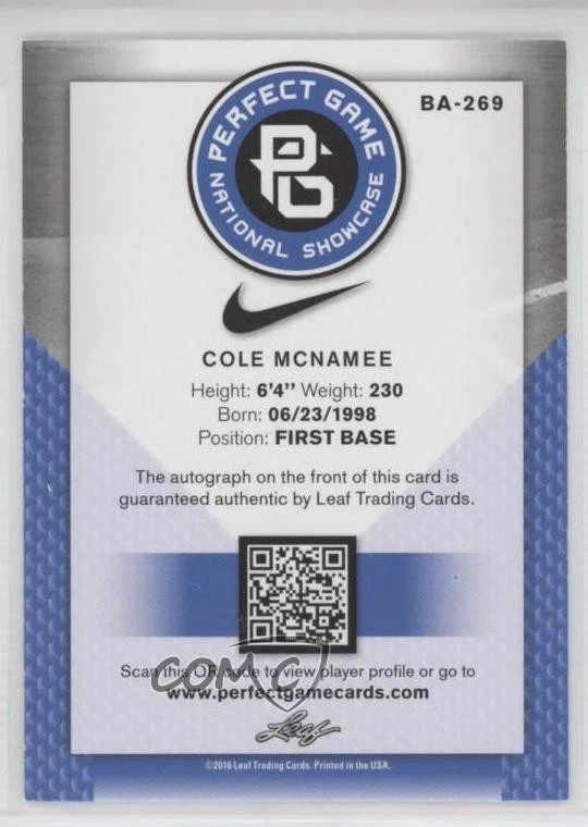 2016 Leaf Perfect Game National Showcase Purple 1/1 Cole McNamee Auto 1i9 - Image 2 of 3