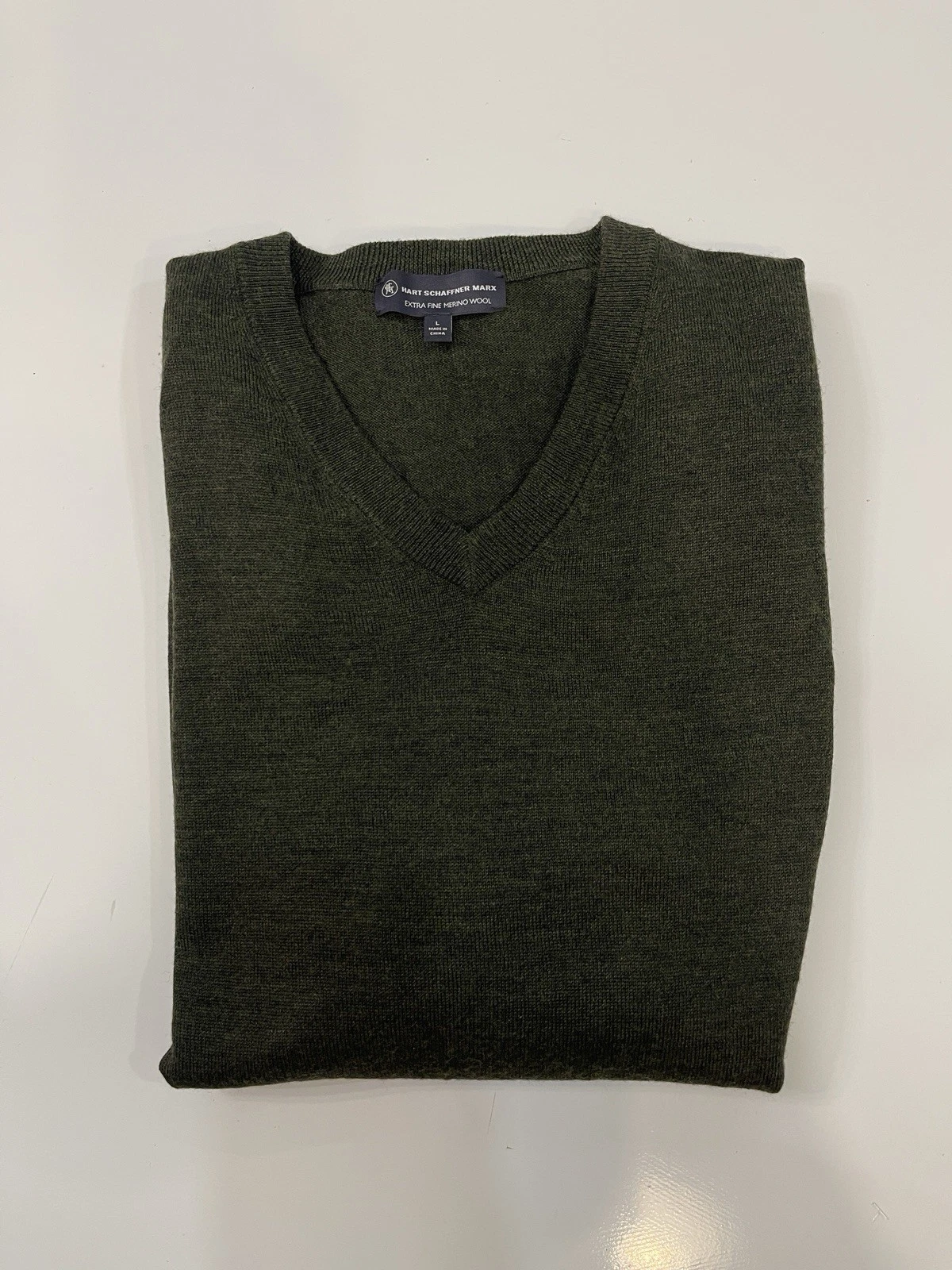 Men's HART SCHAFFNER MARX Green Merino Wool V-Neck Sweater Size L