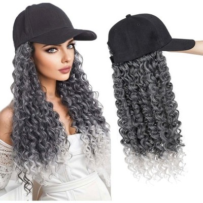 25In Women Black Baseball Cap with Hair Hat Wig Long Curly Deep Wave Hair Wig US