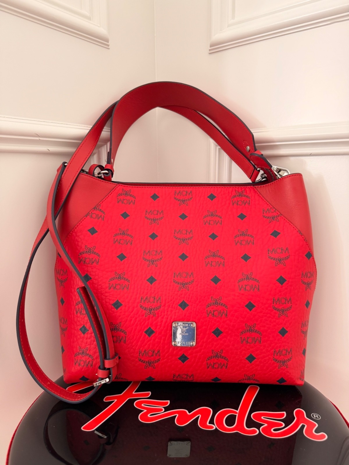 Authentic MCM Red Visetos Hobo Shoulder Bag Adjustable Strap Large Tote Purse