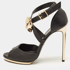 Roberto Cavalli Size 38.5 BlackGold Lion Head Embellished Leather Ankle Strap