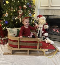 Vtg LL Bean Wooden 40  Pull Sled W Back Rest Quilted Pad Wood Photo Prop Decor