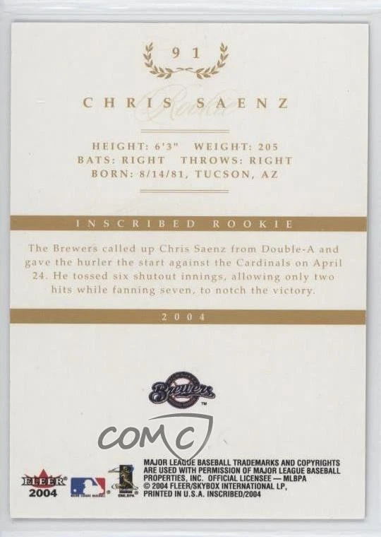 2004 Fleer inScribed Gold /199 Chris Saenz #91 Rookie RC - Image 2 of 2