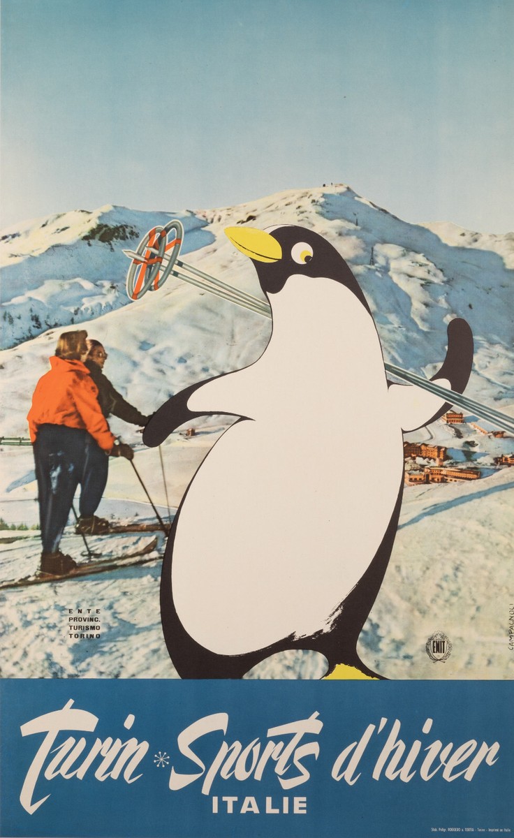 Original Skiing Poster, Campagnoli, Turin, Winter Sport, Penguin