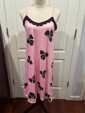 Women Pink w/Black Bows Print Strap Nightgown Sz M 39"L x 15"W