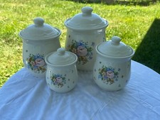 Antique set of 4, Vintage Ceramic Kitchen Containers with Lids, (White/Flowers)