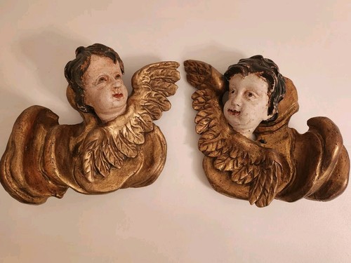 Pair of Antique Winged Angel Heads on Cloud Bench, Wood, Coloured, Carved