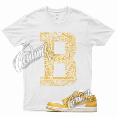 White BLESSED T Shirt for J1 1 Pollen Yellow University Gold SB Overbreak 