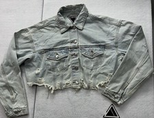 New Womens Cropped Denim Distressed Light Wash jean jacket Trio Urban Size Small
