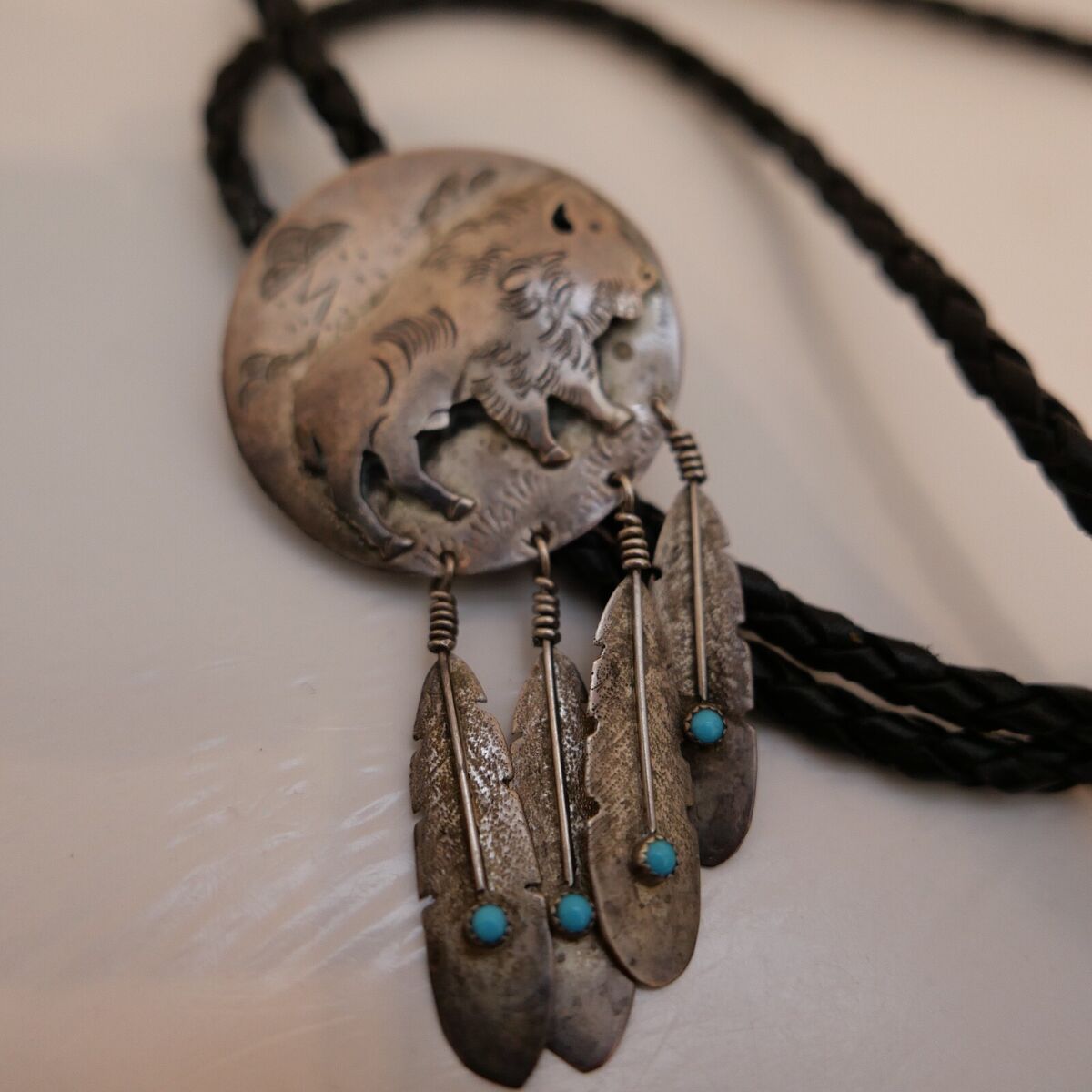 Strong Vintage Native American Navajo Turquoise Bison Sterling Silver Bolo Tie Strong Vintage Native American Navajo Turquoise Bison Sterling Silver Bolo Tie