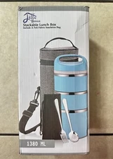 Lille Home Stackable Compartment Lunch Box With Lunch Bag, Cutlery Set, Blue NEW