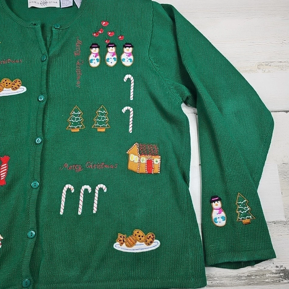 Cárdigan de Navidad vintage Marisa Christina para mujer XL verde con botones hombre de nieve Foto 4 de 4
