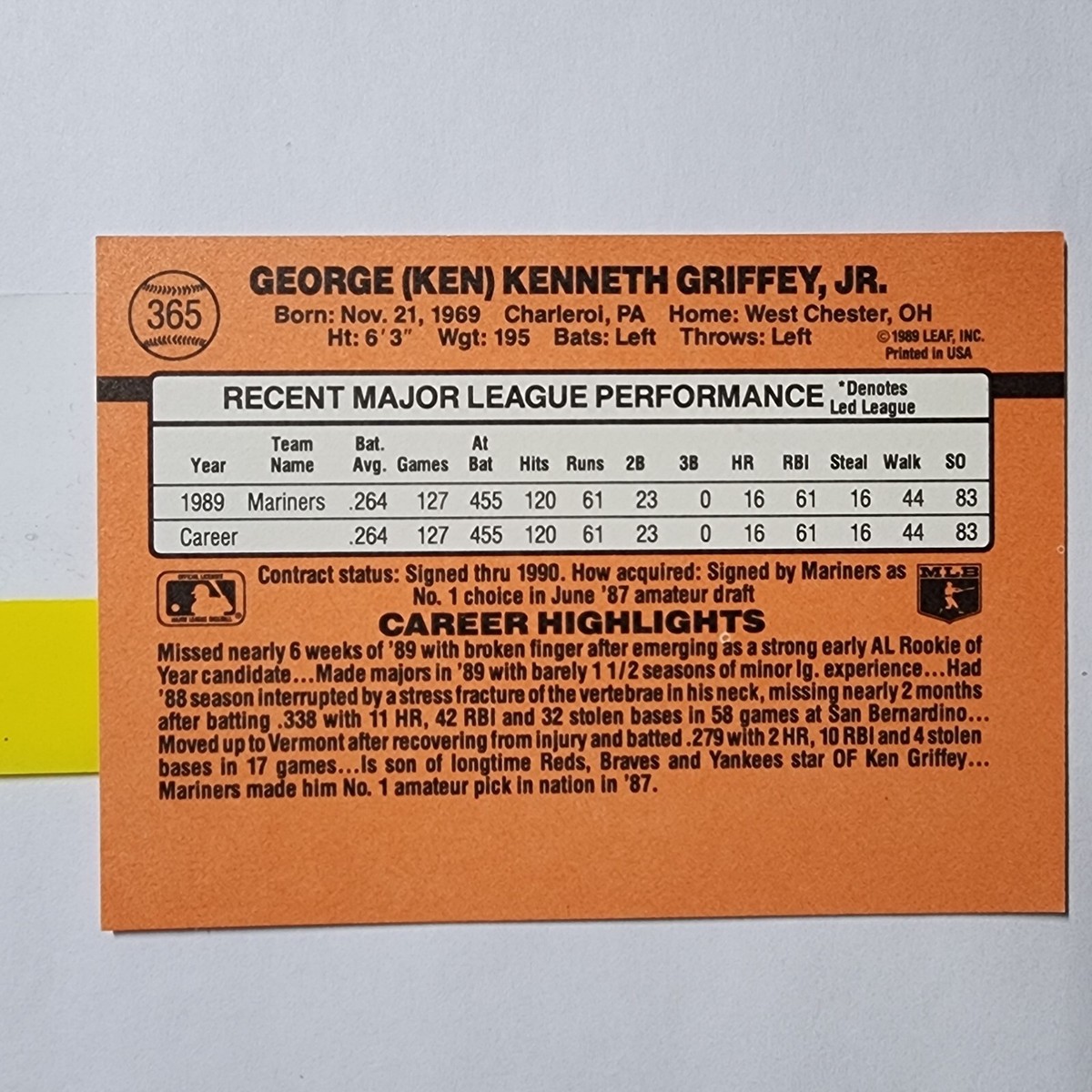 1990年 ケン ・ グリフィー Jr.入りランダムセット346 Ken Griffey Jr #365 1990 Donruss Multiple Error Card RARE | eBay