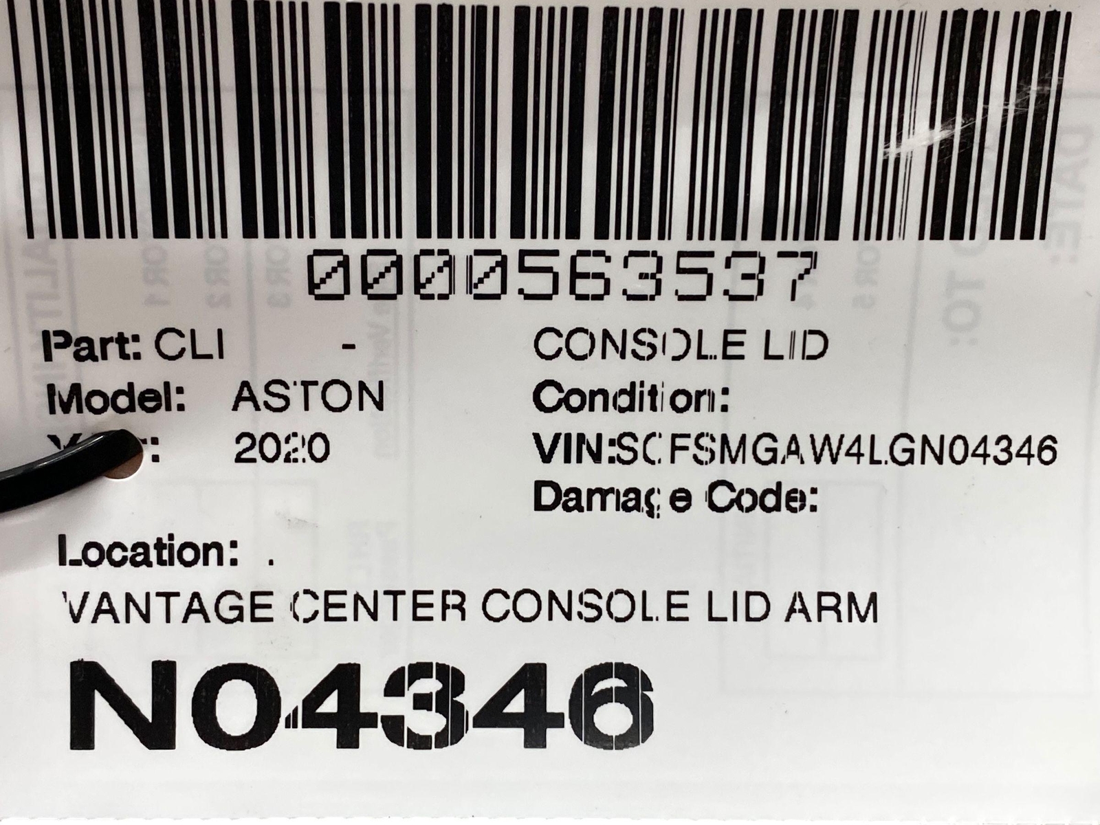 2019-2023 ASTON MARTIN VANTAGE CENTER CONSOLE LID ARMREST OBSIDIAN BLACK LEATHER
