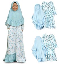 Hijab Kids Girls Flower Prayer Long Dress Set Muslim Girls Kaftan Modest Robe