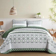 WONGS Green Boho Striped Patchwork Quilt Set King Size 2 Pillowcase Microfiber