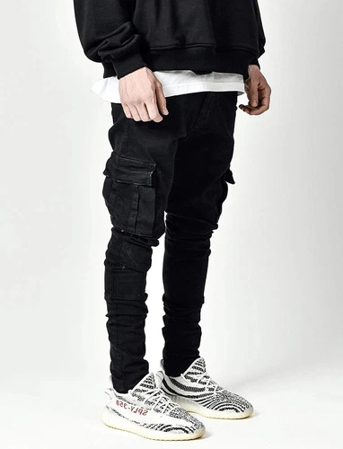 Men Skinny Jeans Stretch Slim Fit Pants Bike Jeans Cargo Pants Pockets Ripped - Picture 9 of 17