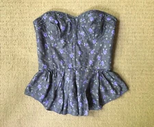 REBECCA TAYLOR olive & purple floral 100% silk bustier peplum top Women’s 4
